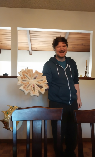 Andrew showed off some nifty focaccia when we went up to celebrate his birthday.  You can see his crown from the party resting on his throne.