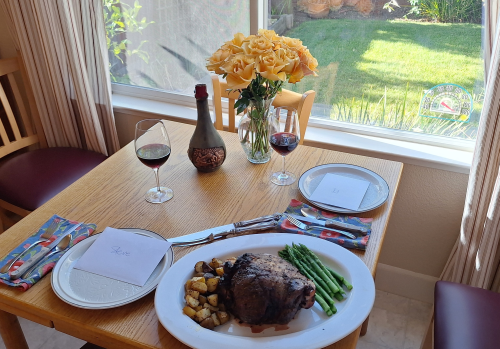 We made each other a feast on our 47th anniversary.  Leg of lamb, rosemary potatoes, asparagus, and Georgian wine.